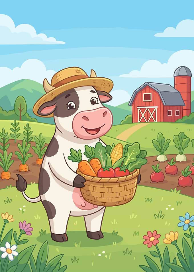 Cartoon Cow Farmer with Harvest Basket
