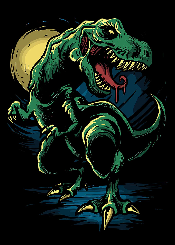 Green T-Rex Roaring Under a Full Moon