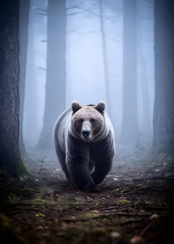 Bear walking in a foggy forest