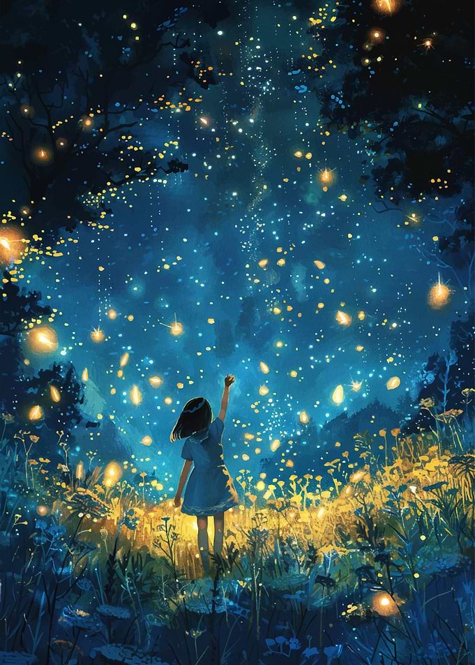 Girl Reaching for Fireflies in a Magical Forest