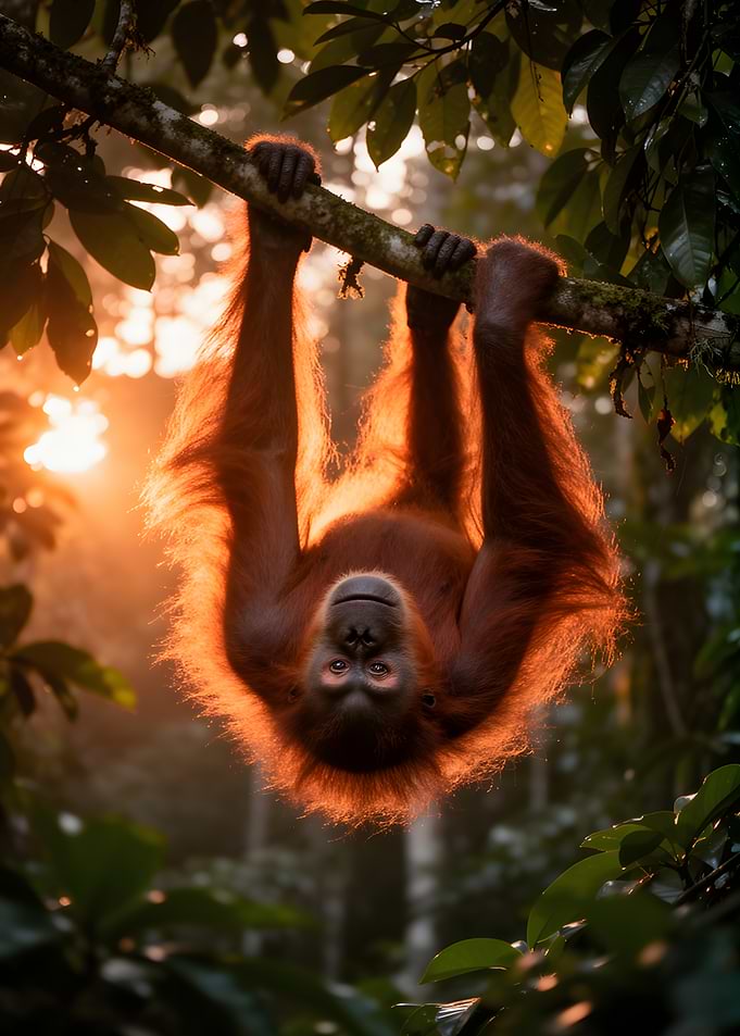 Orangutan hanging upside down at sunset