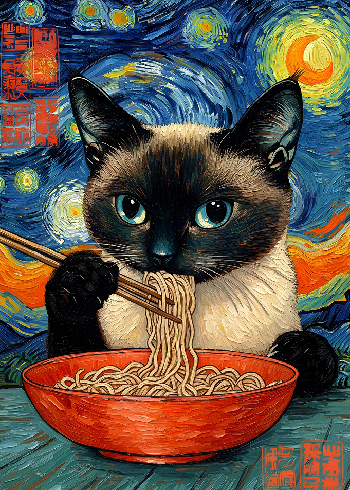 Siamese Cat Eating Noodles in Starry Night Style