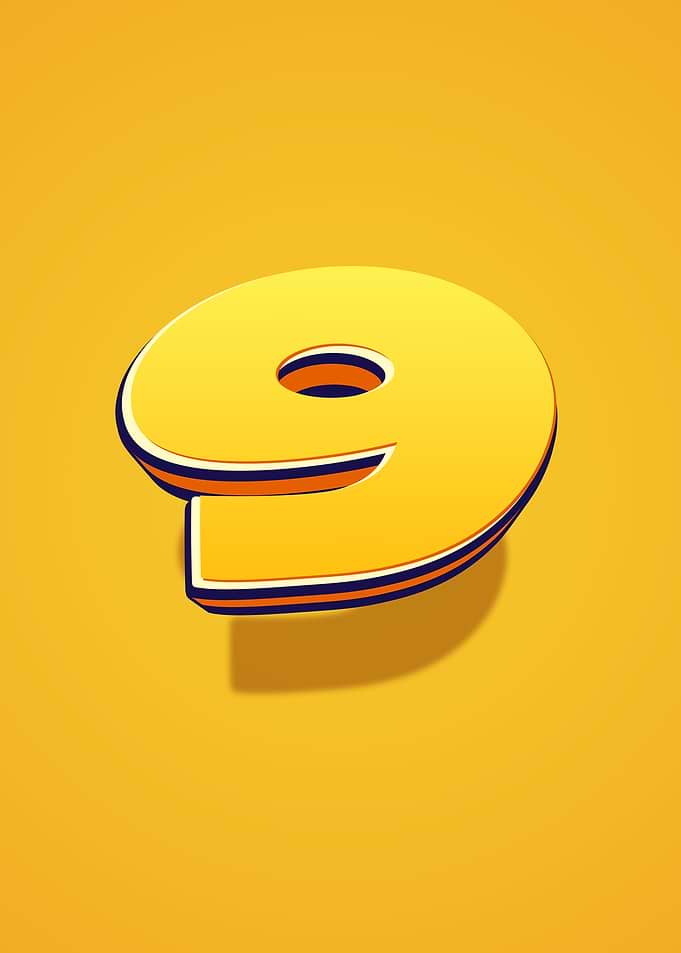 3D Yellow Number 9 with Shadow