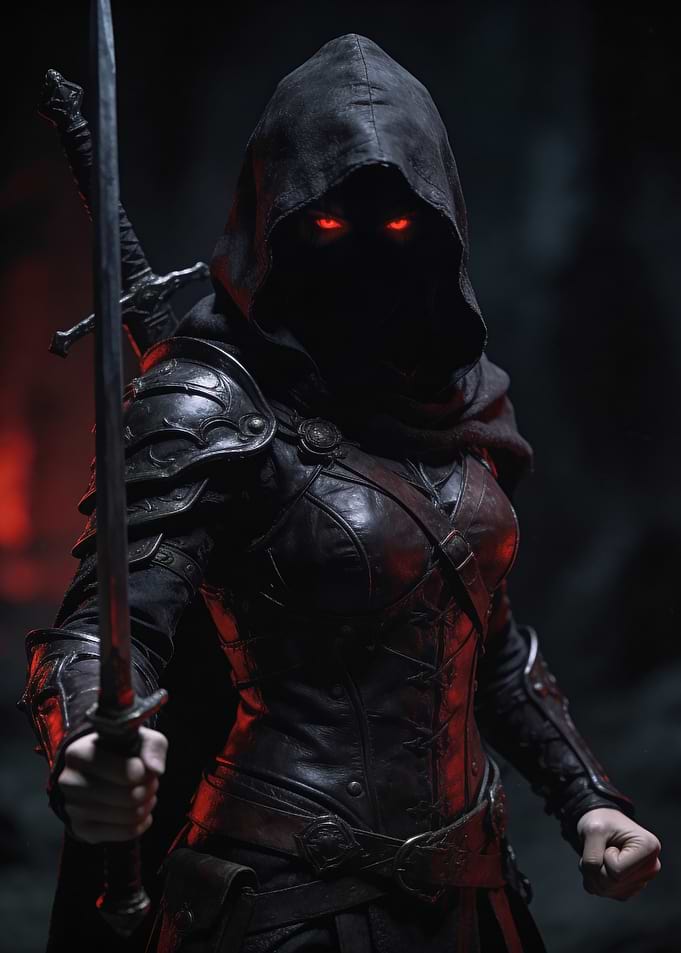 Dark hooded warrior with glowing eyes