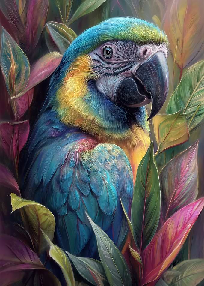 Blue and Yellow Macaw in Tropical Leaves