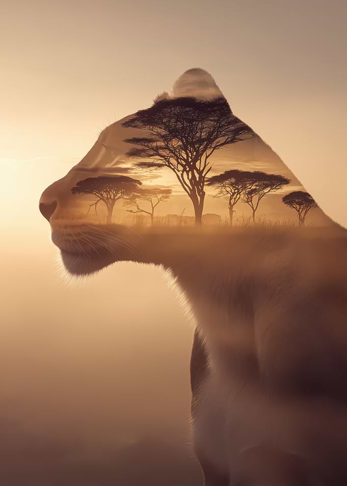 Lioness Silhouette with African Savannah Landscape