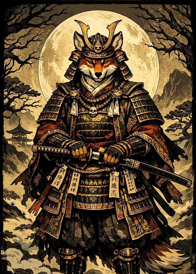 Wolf Samurai Under The Moon – Japanese Poster Art
