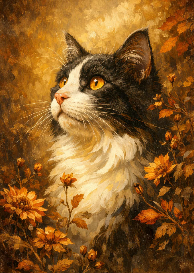 Tuxedo Cat Among Autumn Flowers