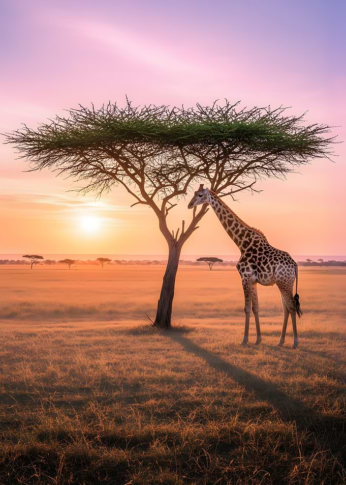 Giraffe under an Acacia Tree at Sunset
