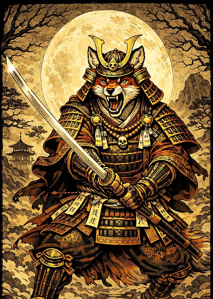 Wolf Samurai Under The Moon – Japanese Poster Art