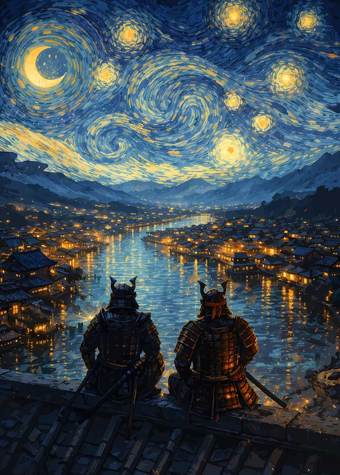 Samurai Overlooking Starry Cityscape