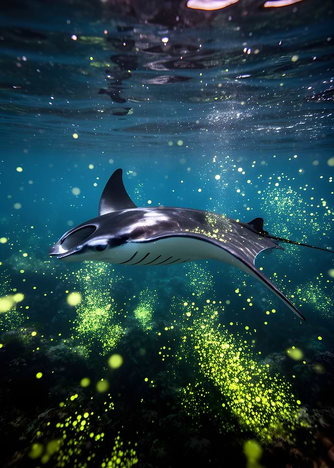 Manta Ray swimming in bioluminescent water