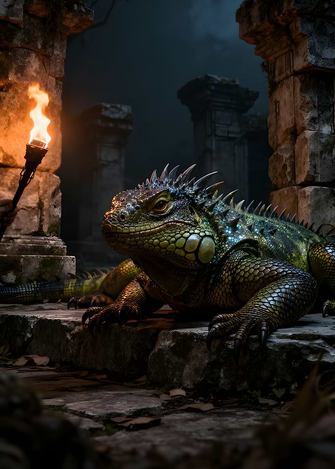 Iguana in ancient ruins with torch
