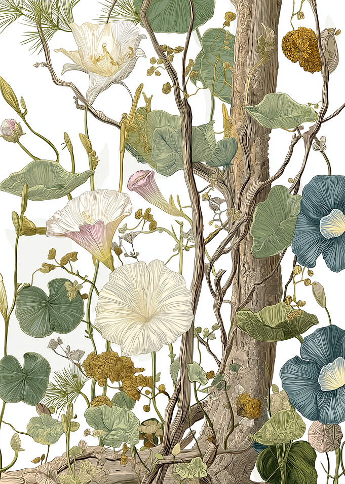 Botanical Illustration of Morning Glories and Tree Bark