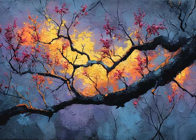 Vibrant Cherry Blossoms on a Dark Branch