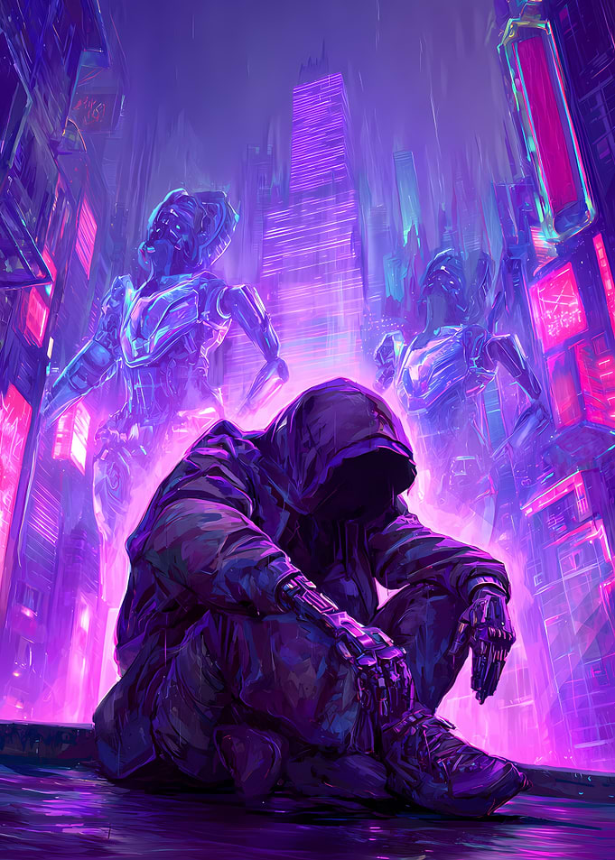 Cyberpunk Cityscape with Hooded Figure and Robots