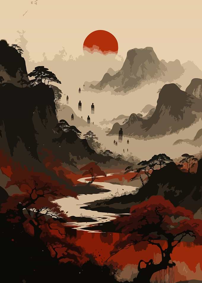 Misty Mountain Landscape with Red Sun