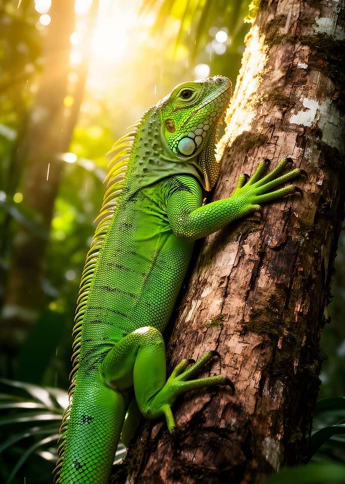 Green Iguana on a Tree Trunk