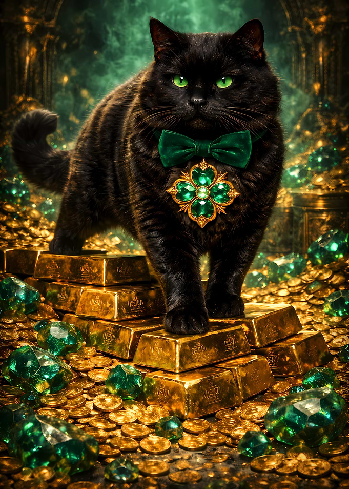 Black Cat St Patrick's Walking Emerald Green Papillon Golden Medal