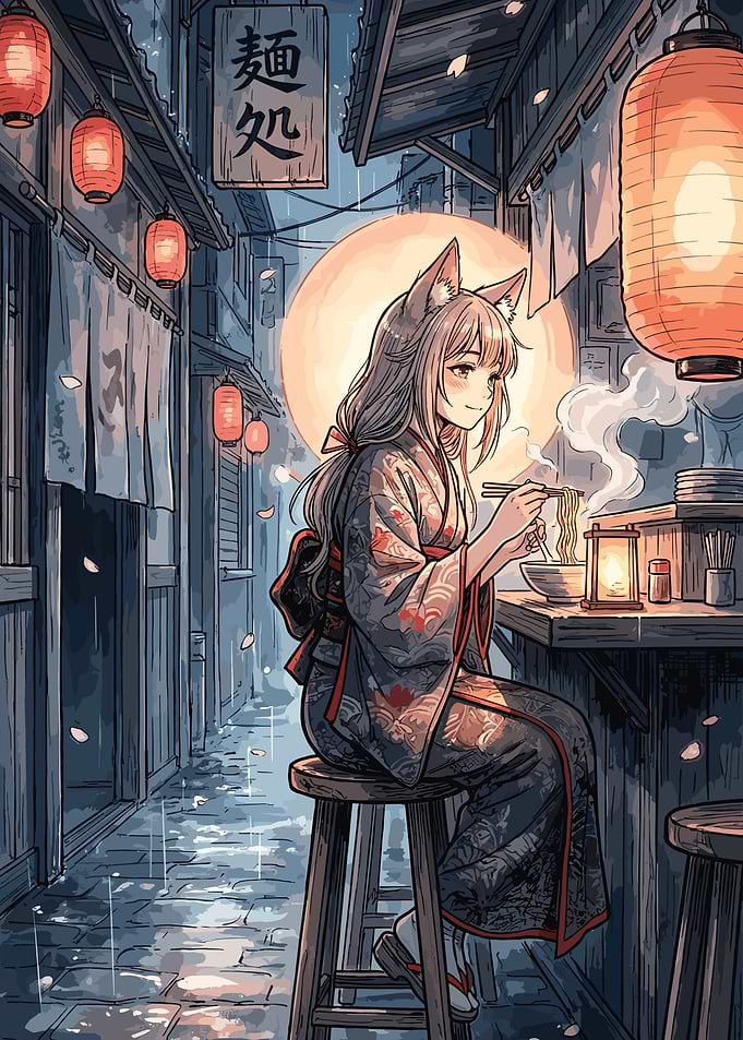 Anime Girl Eating Ramen in Japan