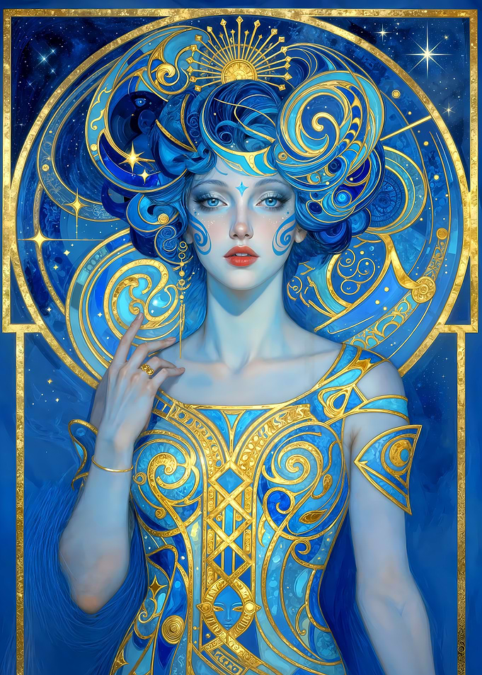 Celestial Art Nouveau Goddess in Blue and Gold