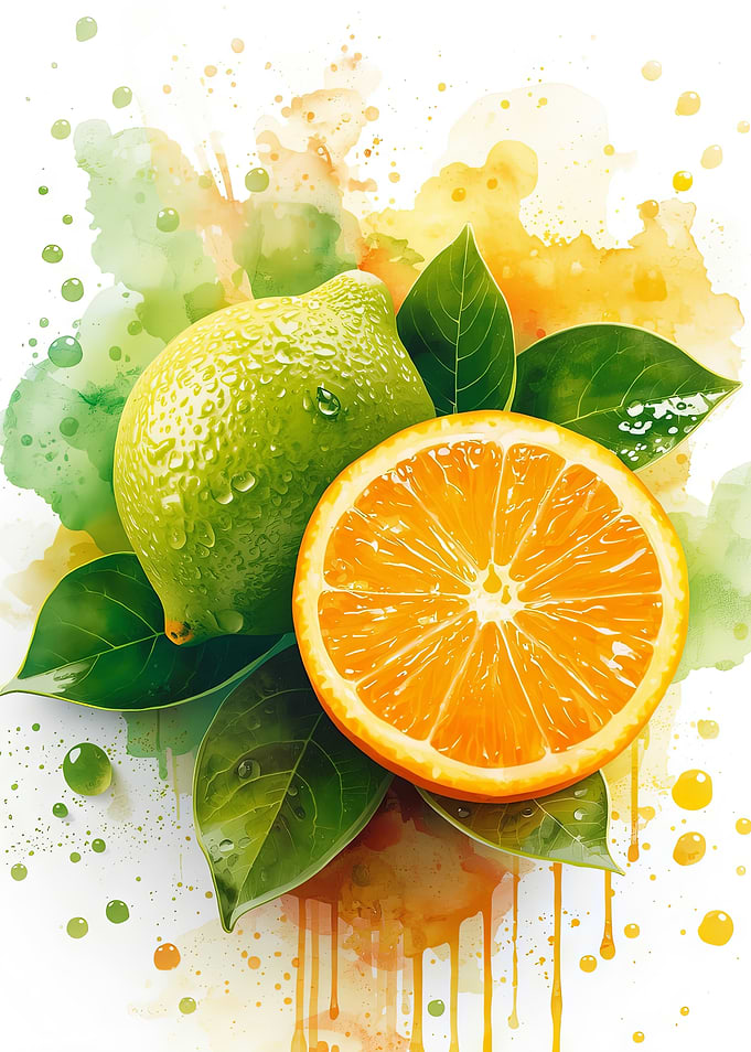 Fresh Citrus Fruits with Watercolor Splashes