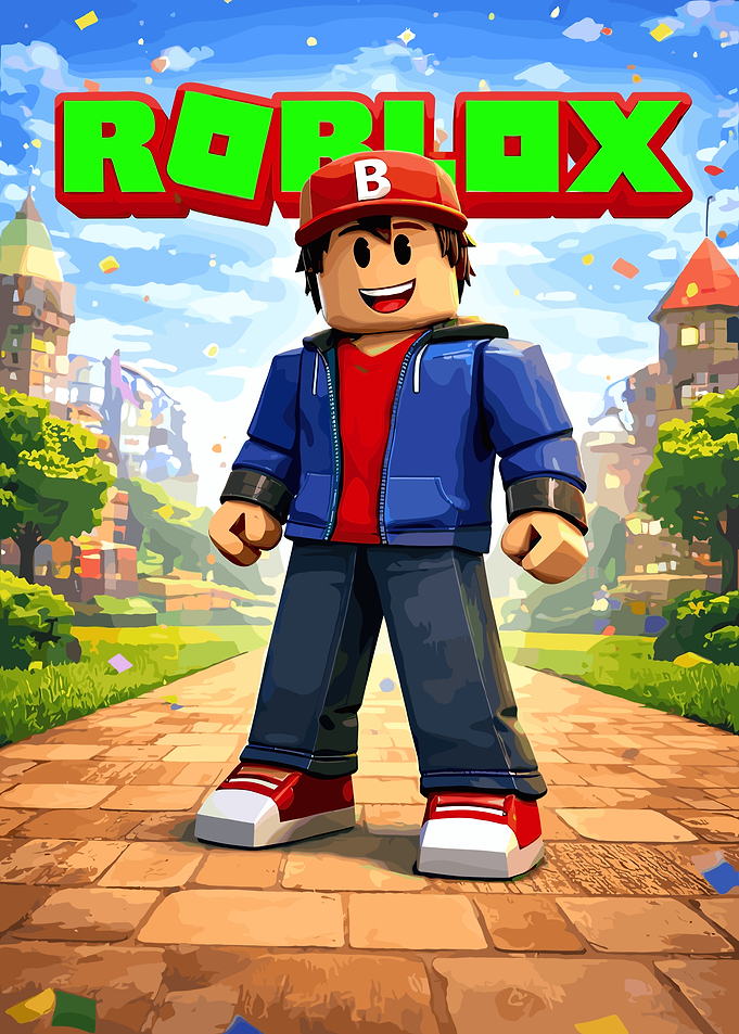 Roblox character in a city park