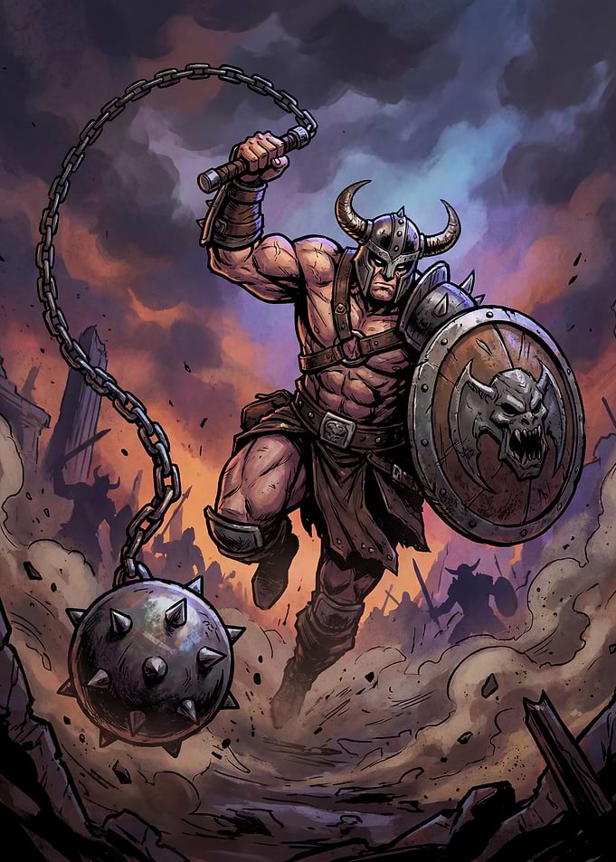 Barbarian Warrior with Flail and Shield