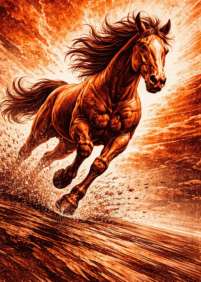Fiery Horse Galloping Through Water