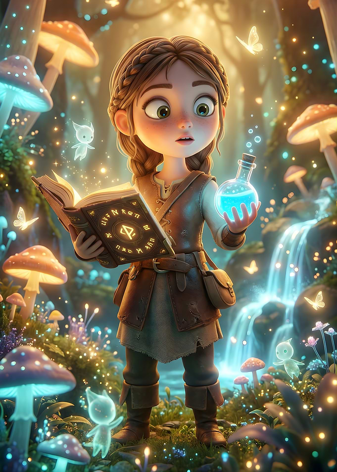 Young sorceress in a magical forest