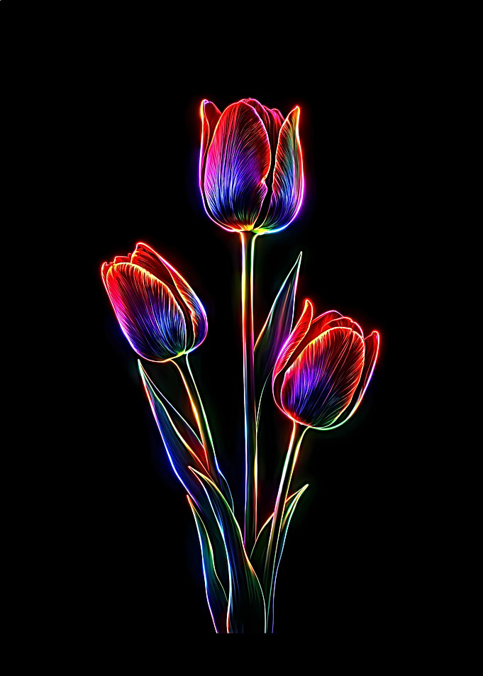 Neon Tulips on Black Background