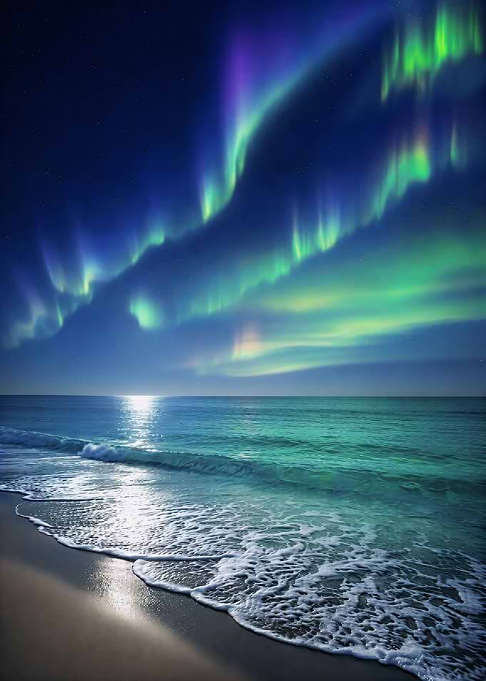 Aurora Borealis Over Ocean Beach