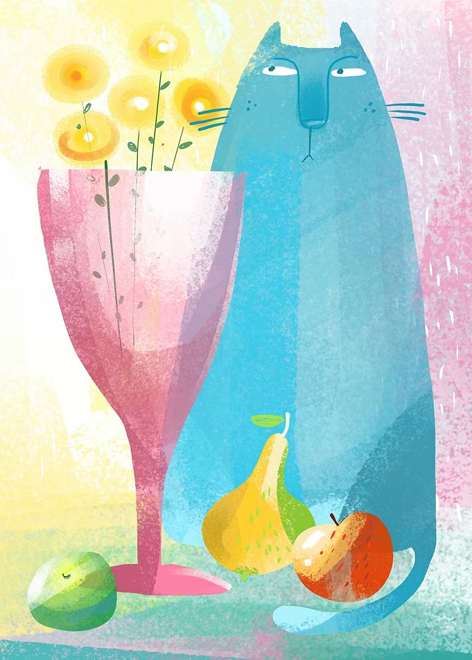 Blue Cat with Flowers and Fruit
