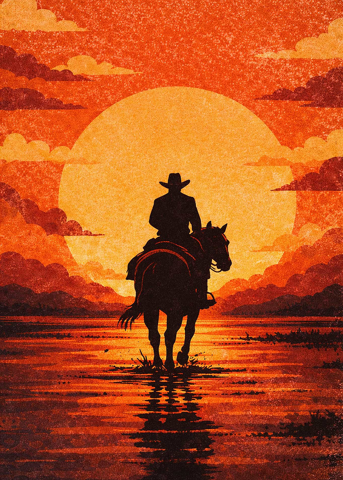 Cowboy Riding Horse at Sunset