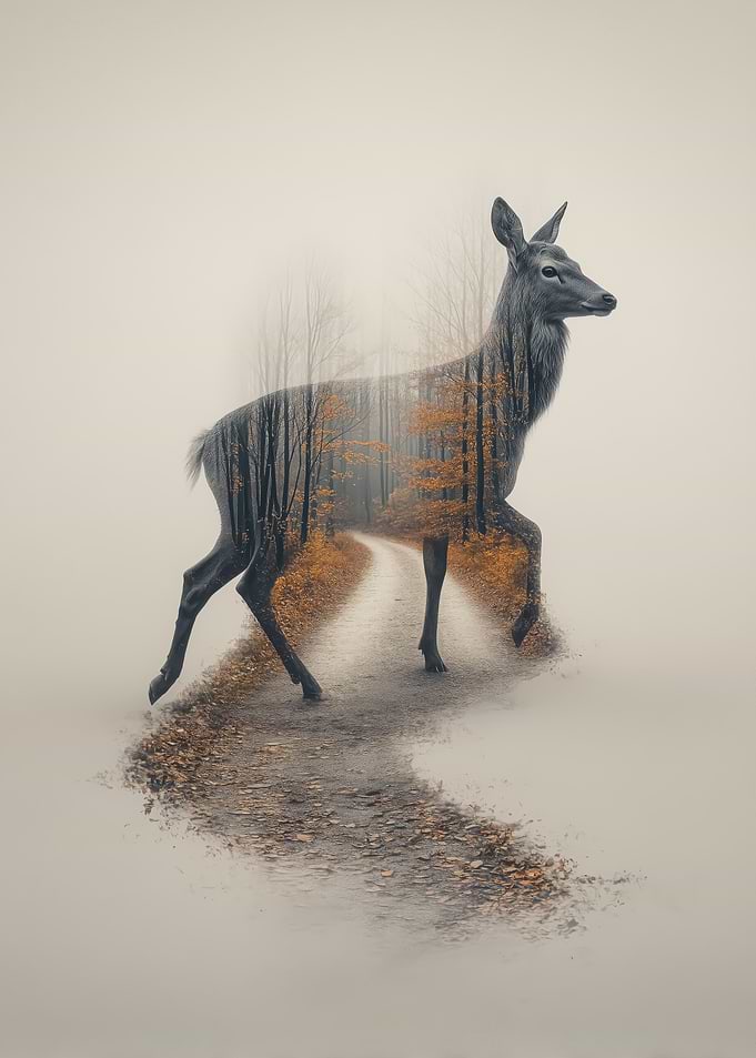 Double Exposure Deer in Autumn Forest