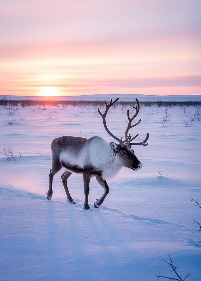 Reindeer in a Snowy Landscape at Sunset