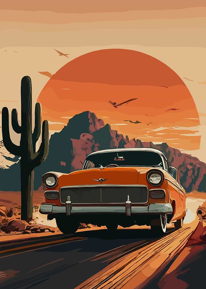 Retro Car in Desert Sunset