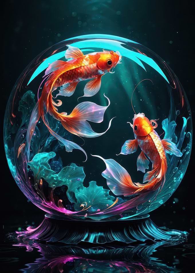 Neon Koi in Glass Orb - Glowing Aquatic Fantasy