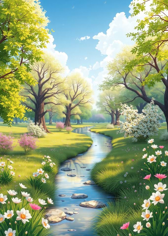 Serene Springtime Stream and Flowers