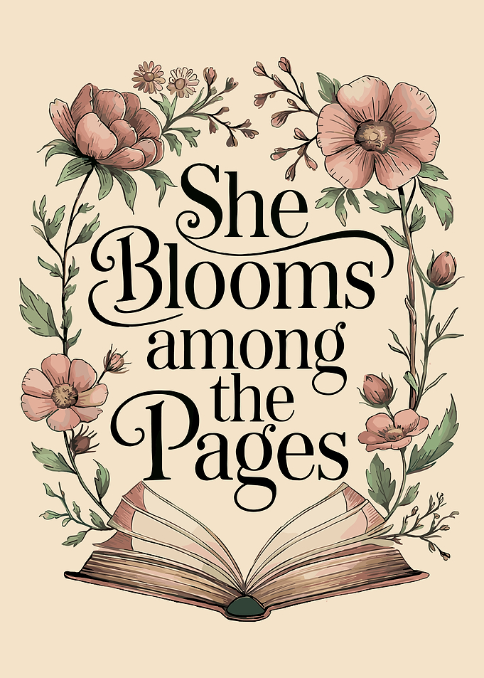 She Blooms among the Pages Poster, Floral Book Lover Wall Art, Literary Quote Print