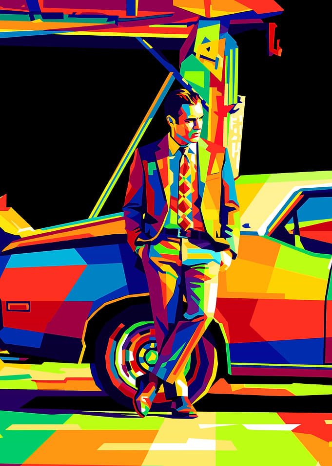 Man in Suit Leaning on a Colorful Car