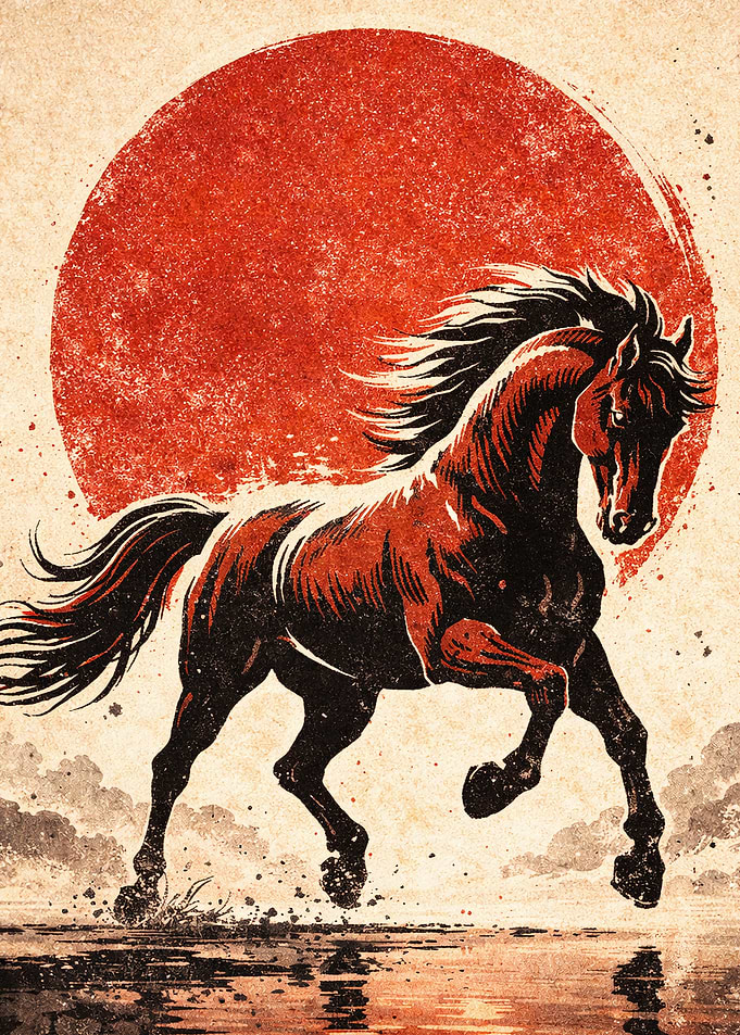Running Horse with Red Sun