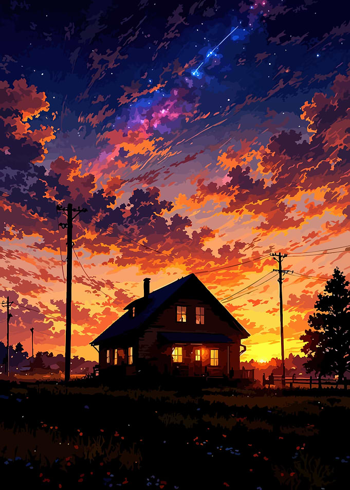 Anime House Under Starry Sunset Sky