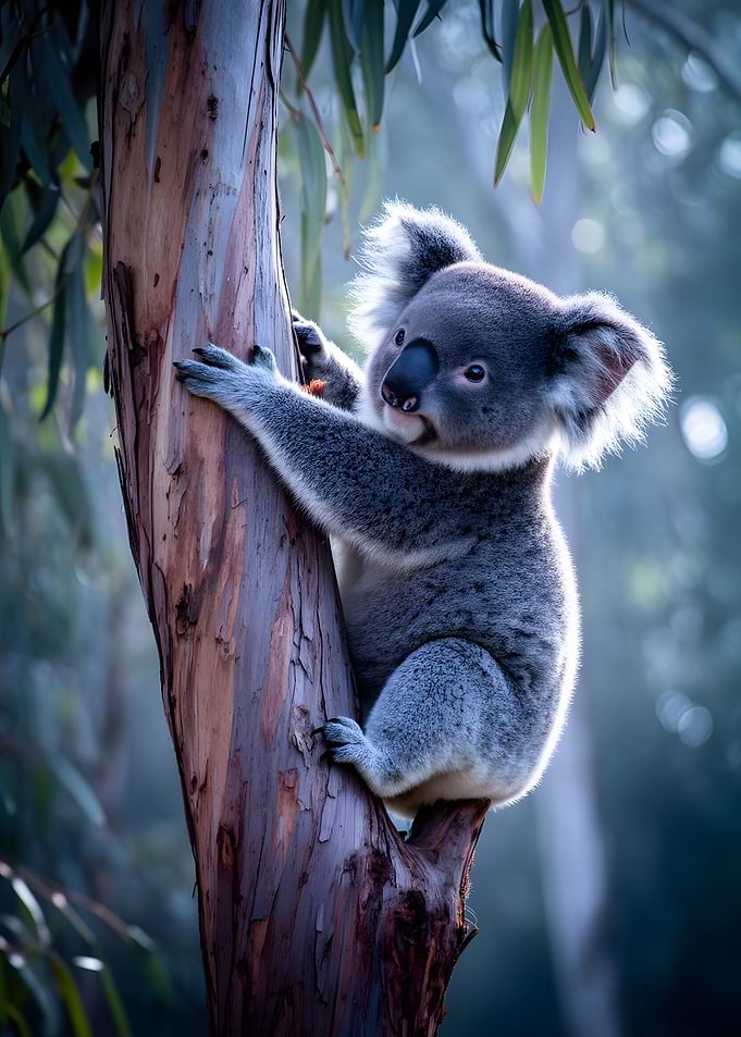 Cute Koala Climbing Eucalyptus Tree