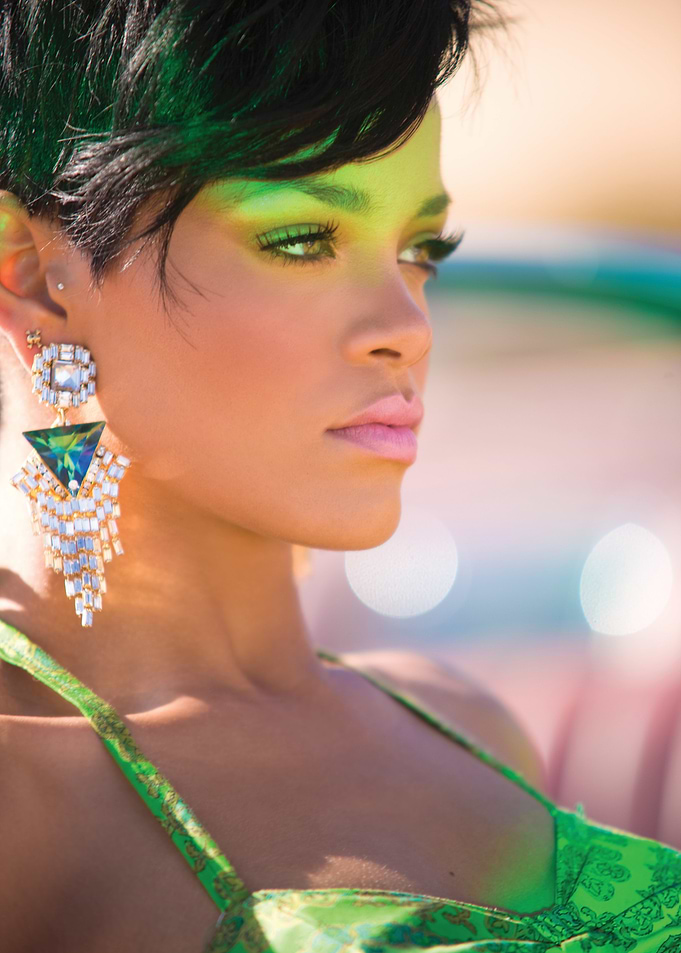 Rihanna in Green Makeup and Earrings