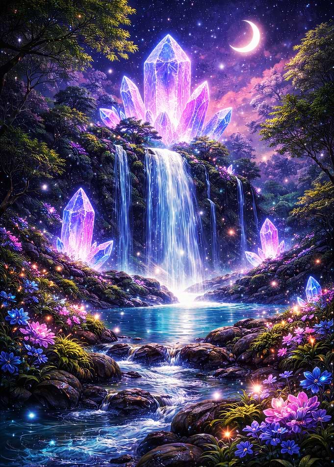 Enchanted Crystal Waterfall at Night