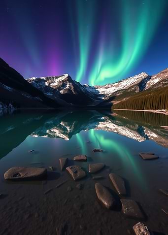 Aurora Borealis over Mountain Lake