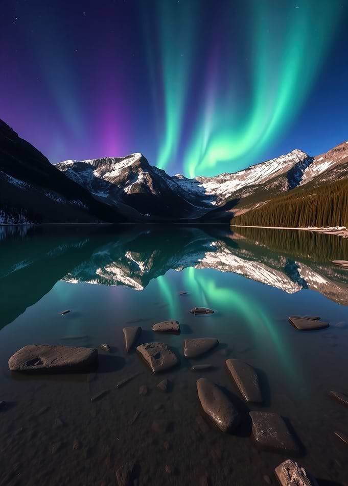Aurora Borealis over Mountain Lake