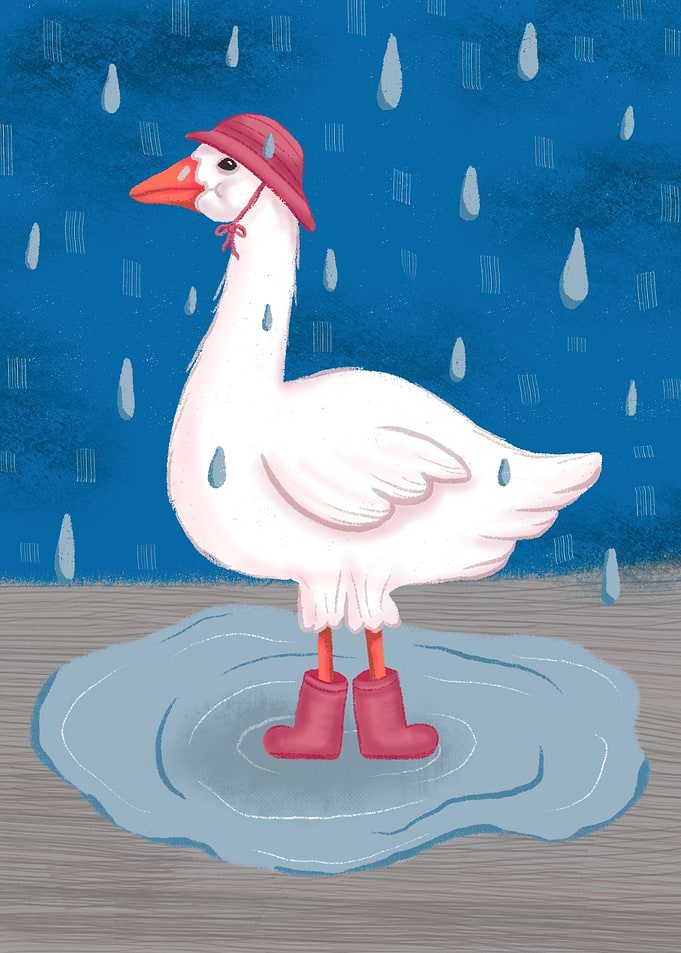 Goose in rain boots and hat