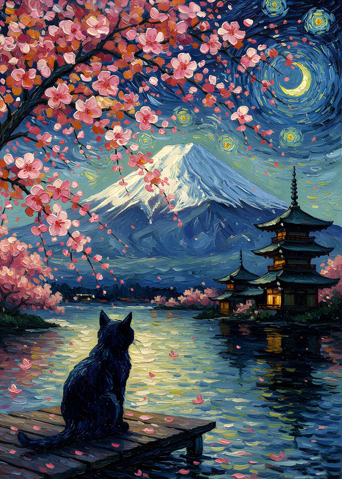 Black Cat by Mount Fuji at Night